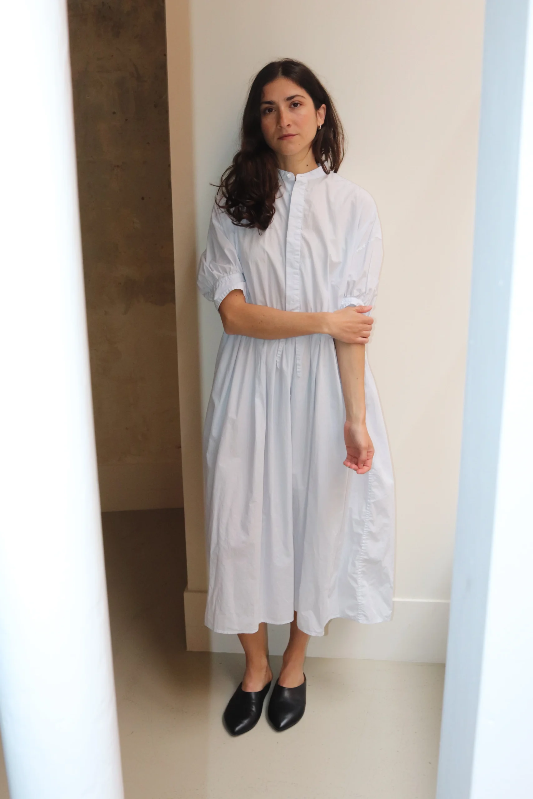Toujours - Half Bishop Sleeve String Dress Smoke Saxe Blue