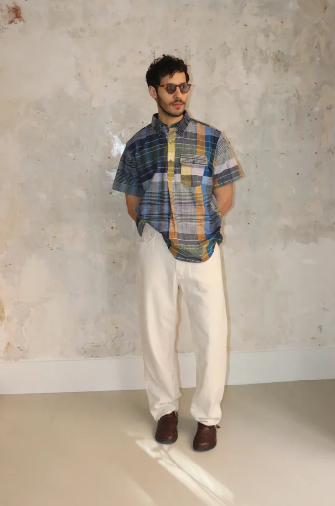 Engineered Garments - Popover BD Shirt 1A003 Navy/Yellow/Green Dobby