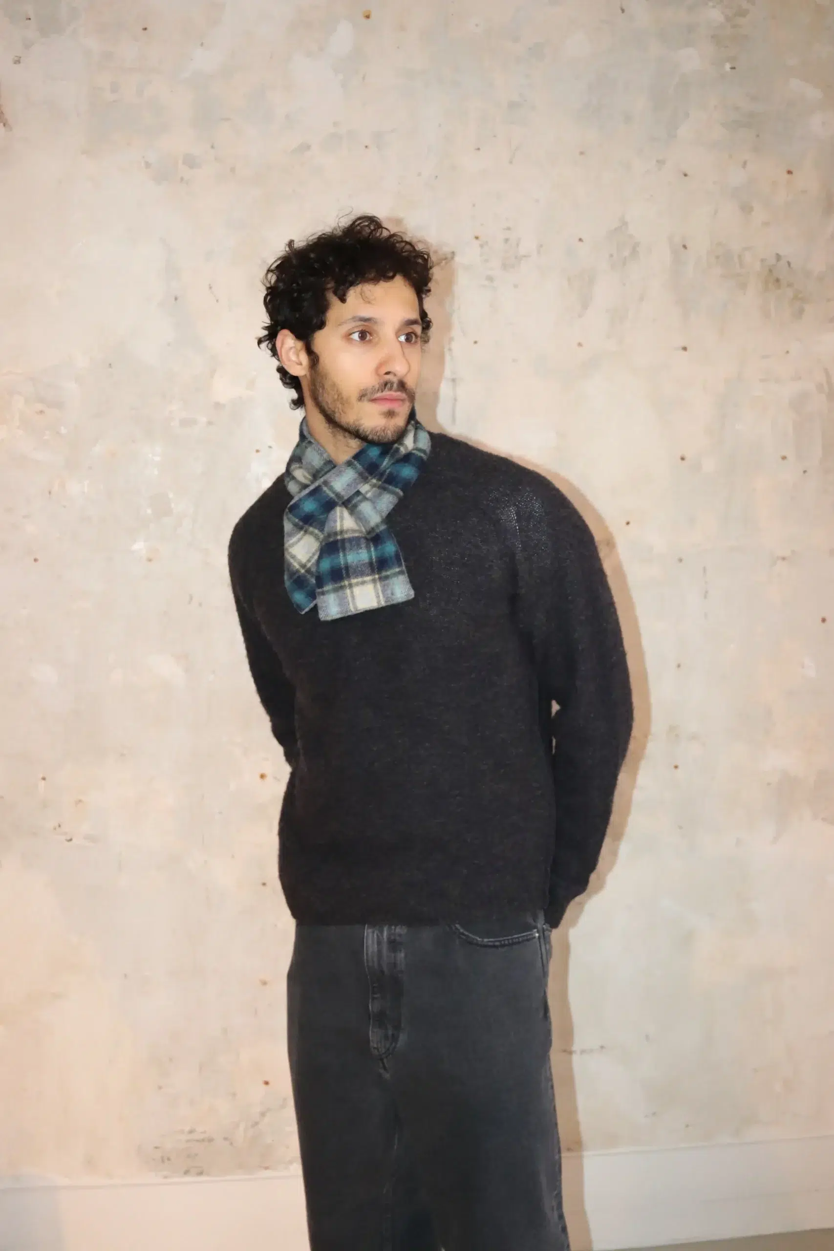 Câbleami - 70's WOOL SHAGGY CHECK SCARF 017-25AW - Navy/grey