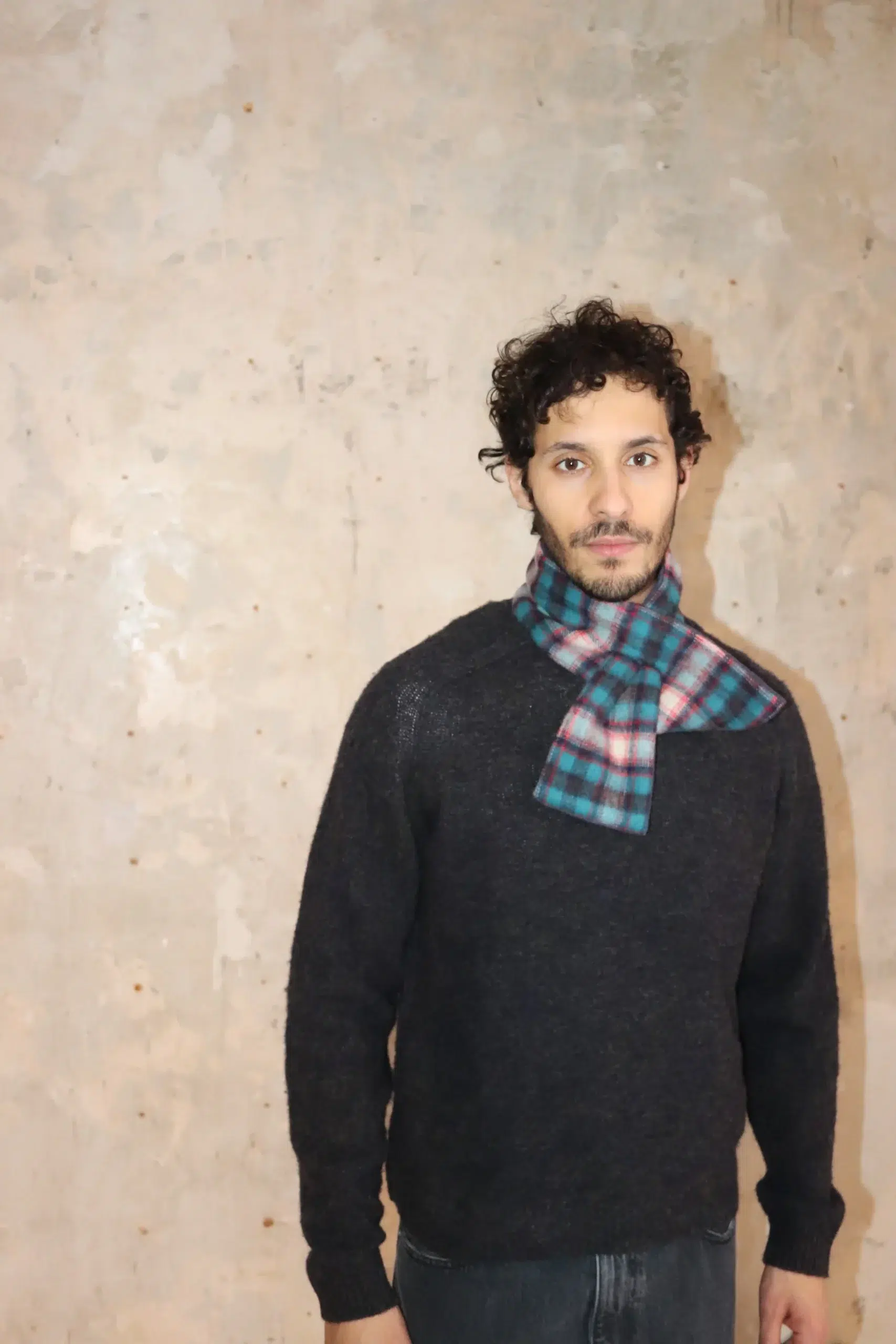 Câbleami - 70's WOOL SHAGGY CHECK SCARF 017-25AW - Turquoise/navy