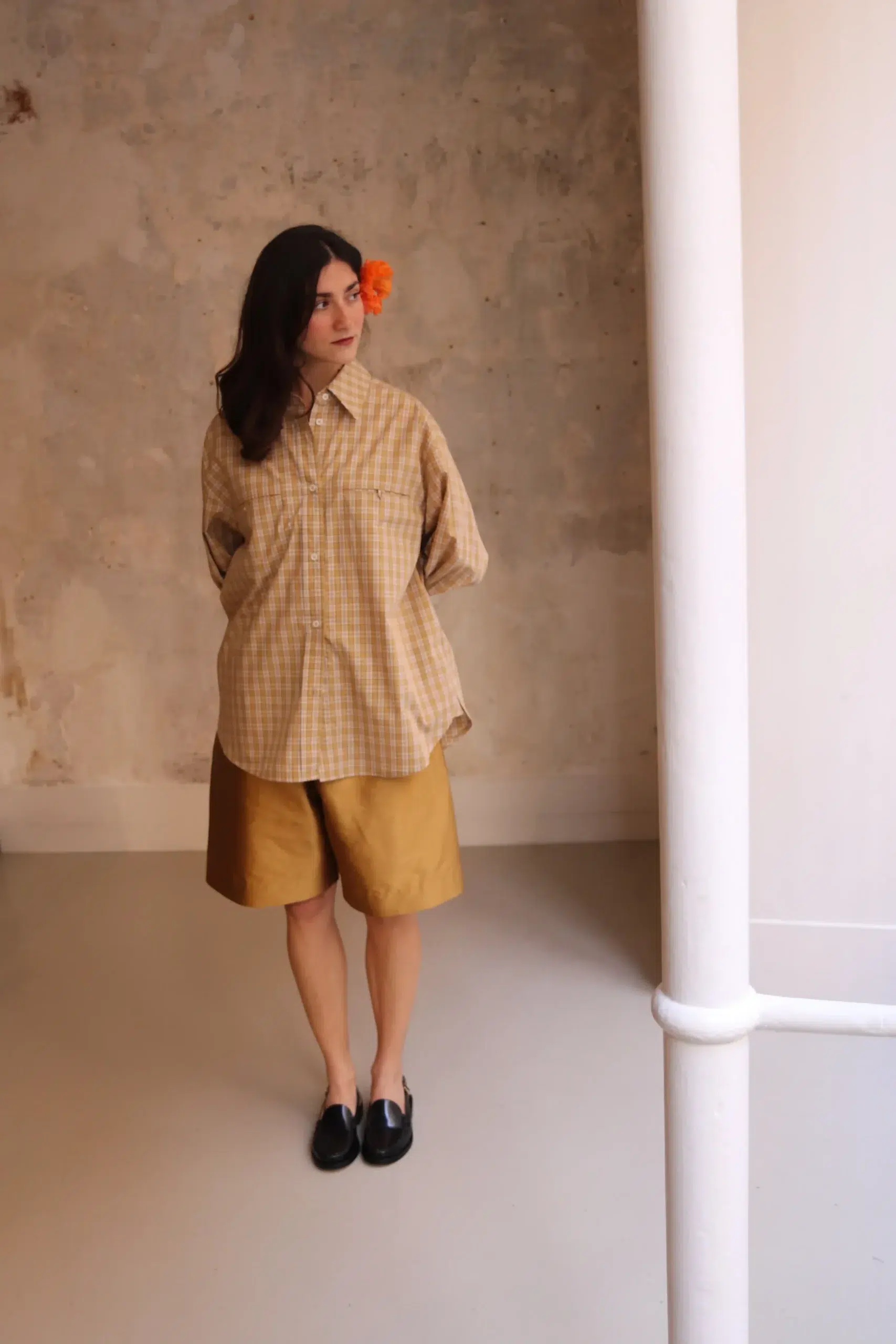 CAWLEY - JAPANESE TYPEWRITER CHECKED COTTON PHOEBE SHIRT - OCHRE/RED/PURPLE CHECK