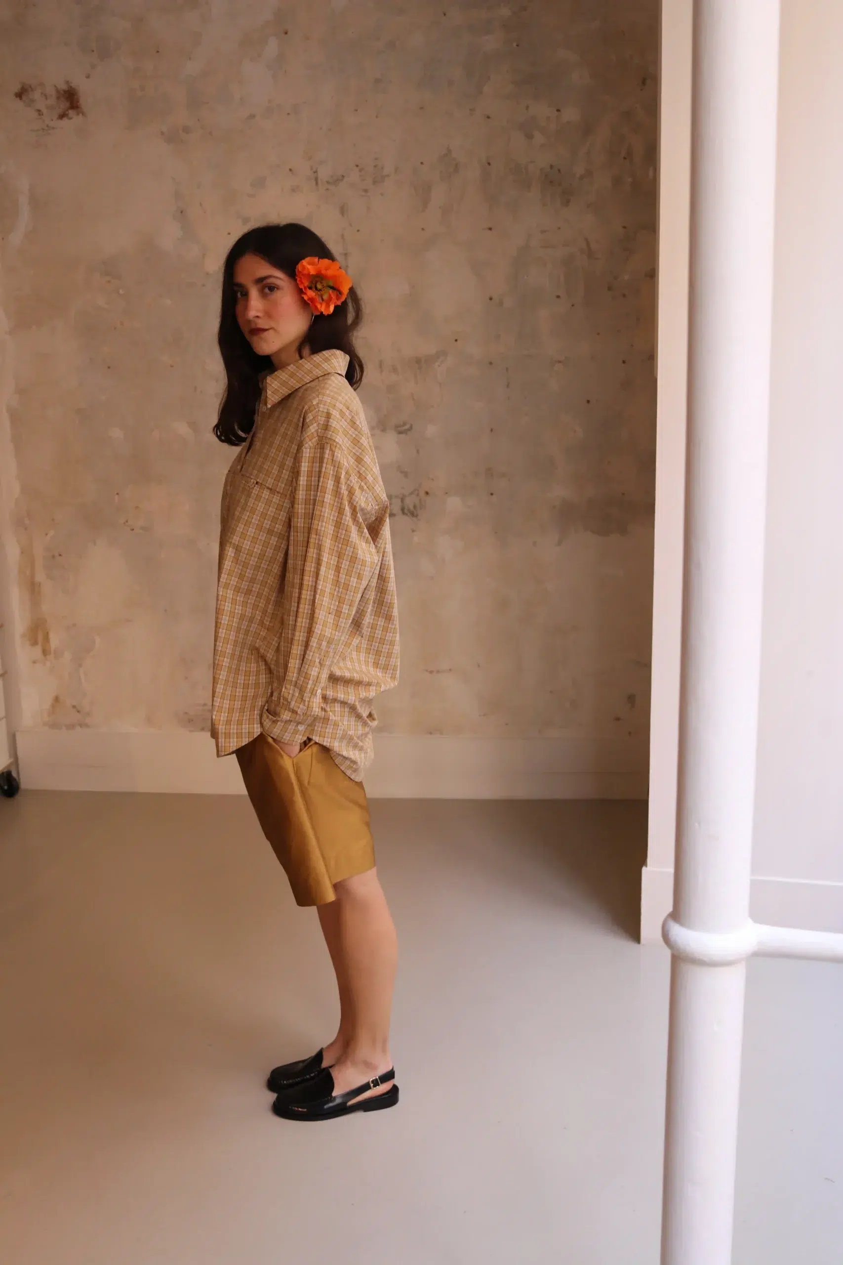 CAWLEY - JAPANESE TYPEWRITER CHECKED COTTON PHOEBE SHIRT - OCHRE/RED/PURPLE CHECK