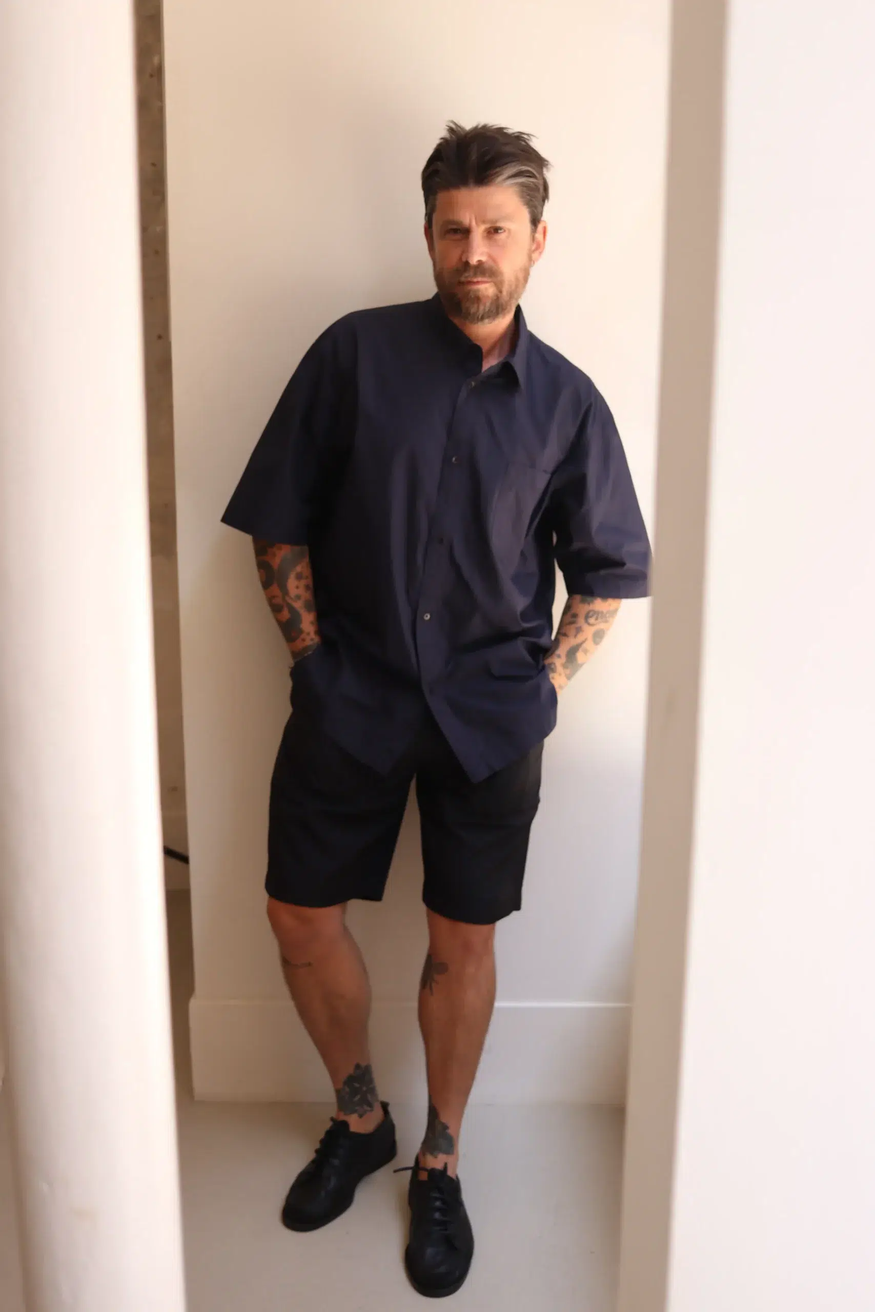 ATON - MEN SUVIN BROAD WASHED HALF SLEEVE SHIRT BLAGLM0400 - NAVY