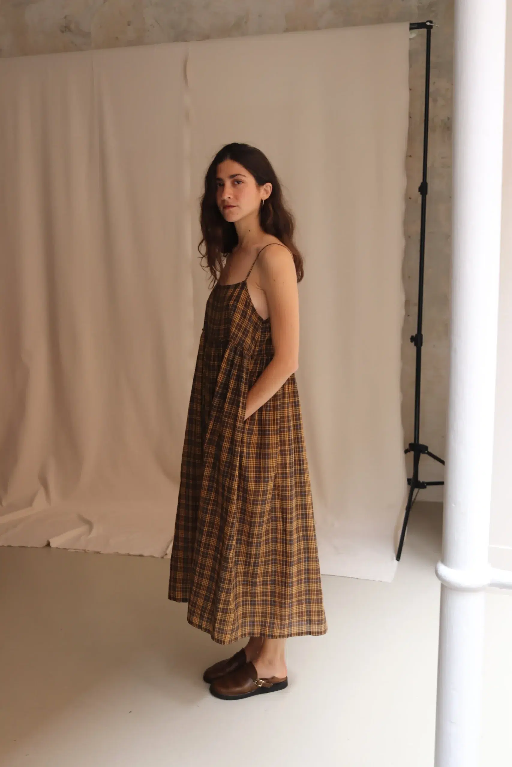 MAKU - GATHERED SLIP DRESS GS2613 - Yellow Check