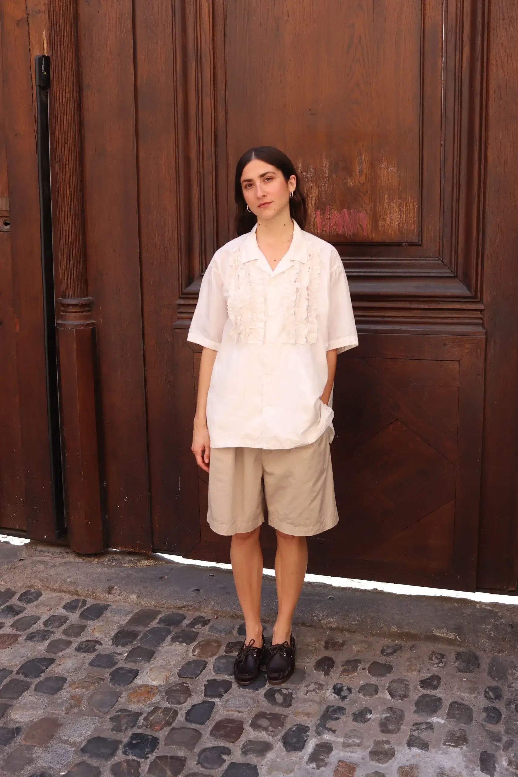 Toujours - Open Collar Short Sleeve Frill Shirt YM44OS02 - Ivory