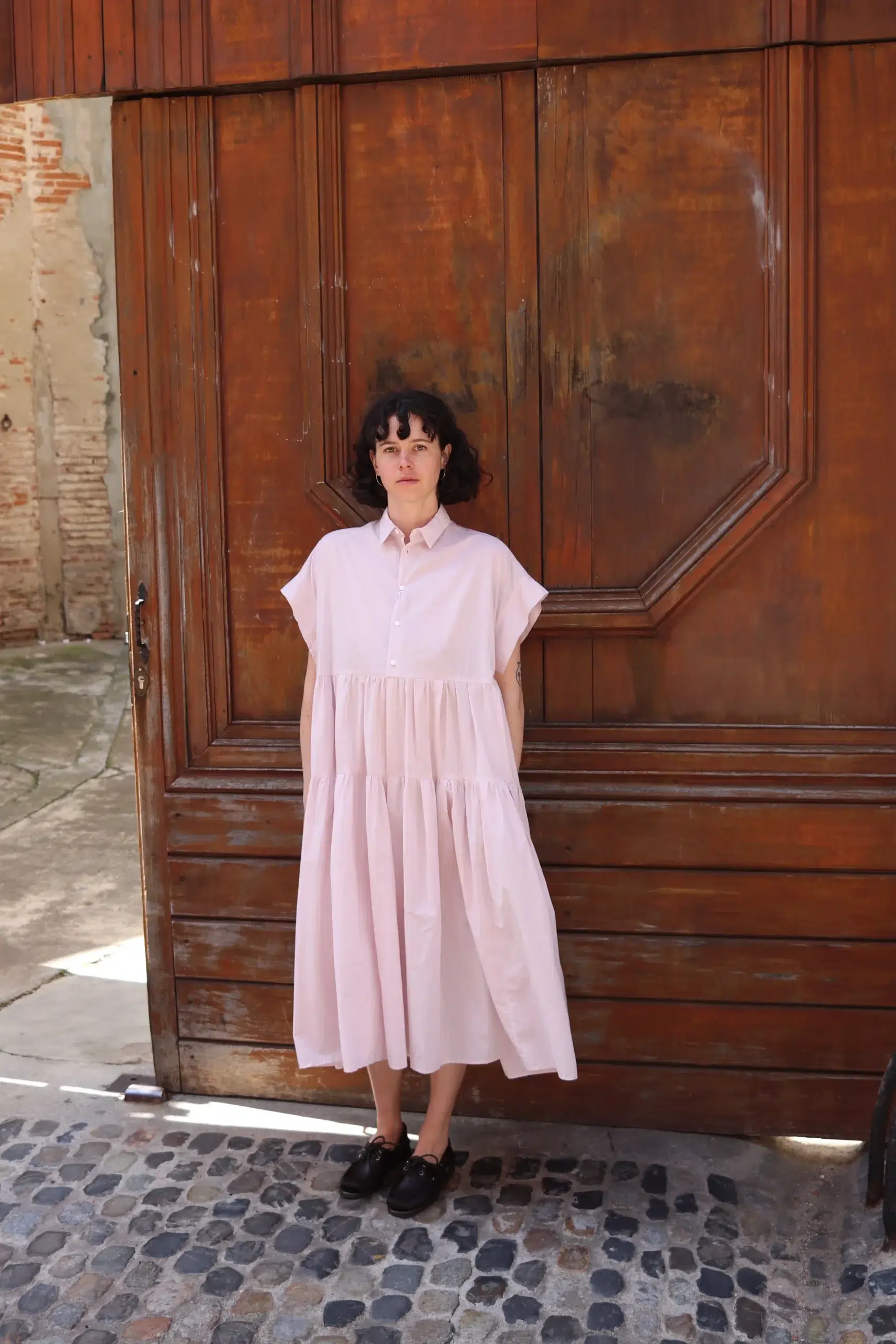 Toujours - Band Sleeve Tiered Shirt Dress MM44MD03 - Smoke Pink