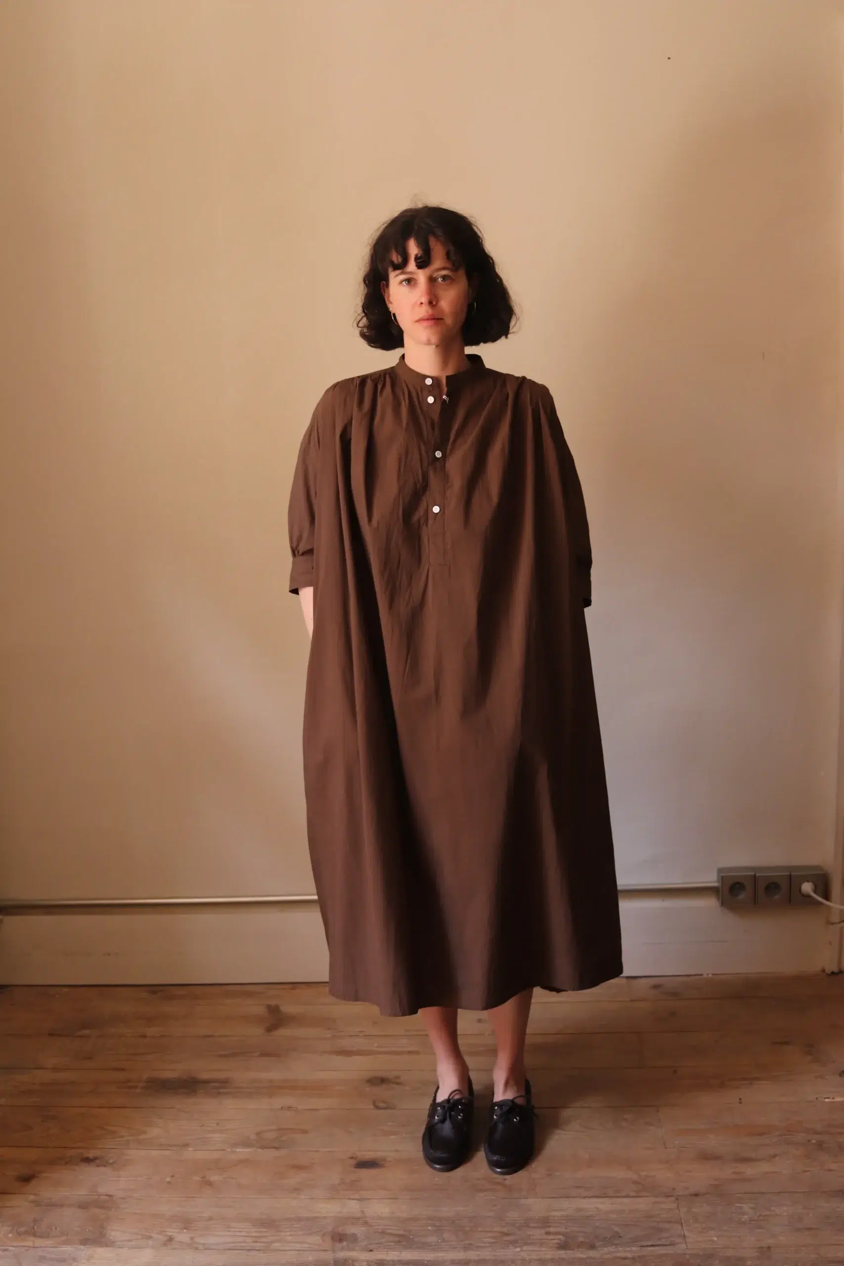 Toujours - Half Bishop Sleeve Pleated Shirt Dress MM44HD03 - Olive Brown