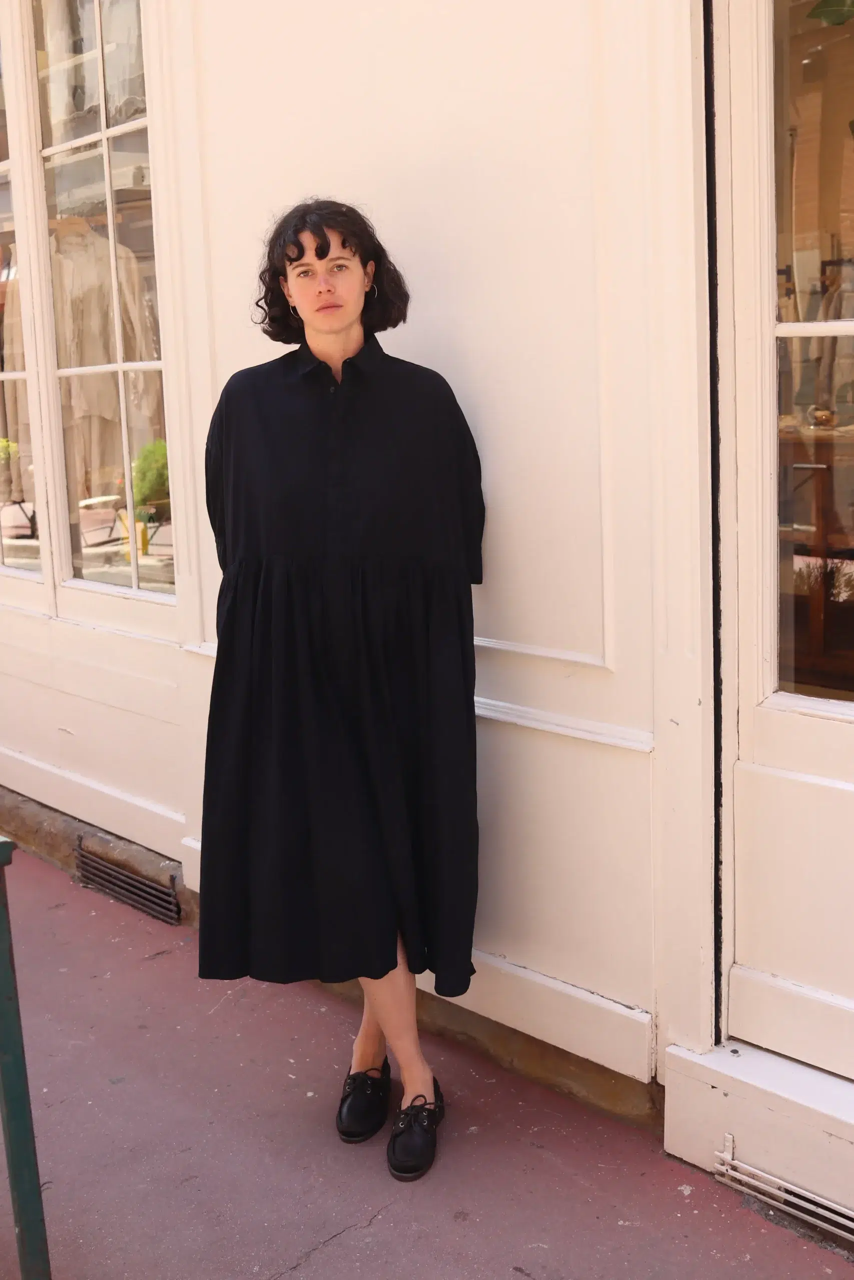 Toujours - Random Pleated Half Sleeve Shirt Dress MM44QD03 - Black Navy