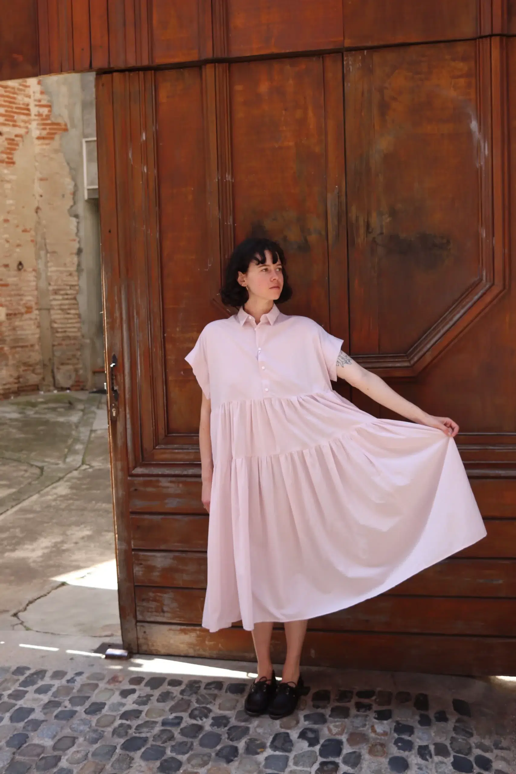 Toujours - Band Sleeve Tiered Shirt Dress MM44MD03 - Smoke Pink