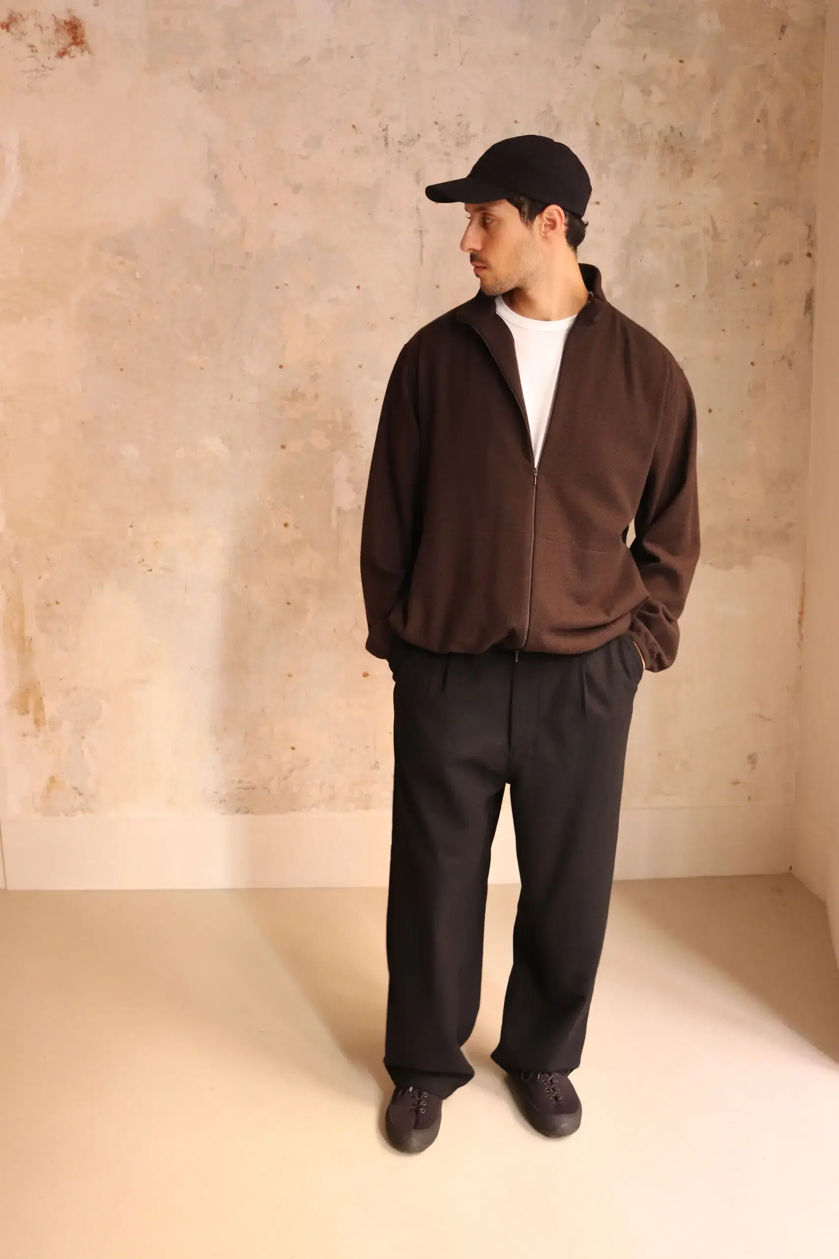Still By Hand - Cashmere mixed high neck blouson BL04263OS - DARK BROWN