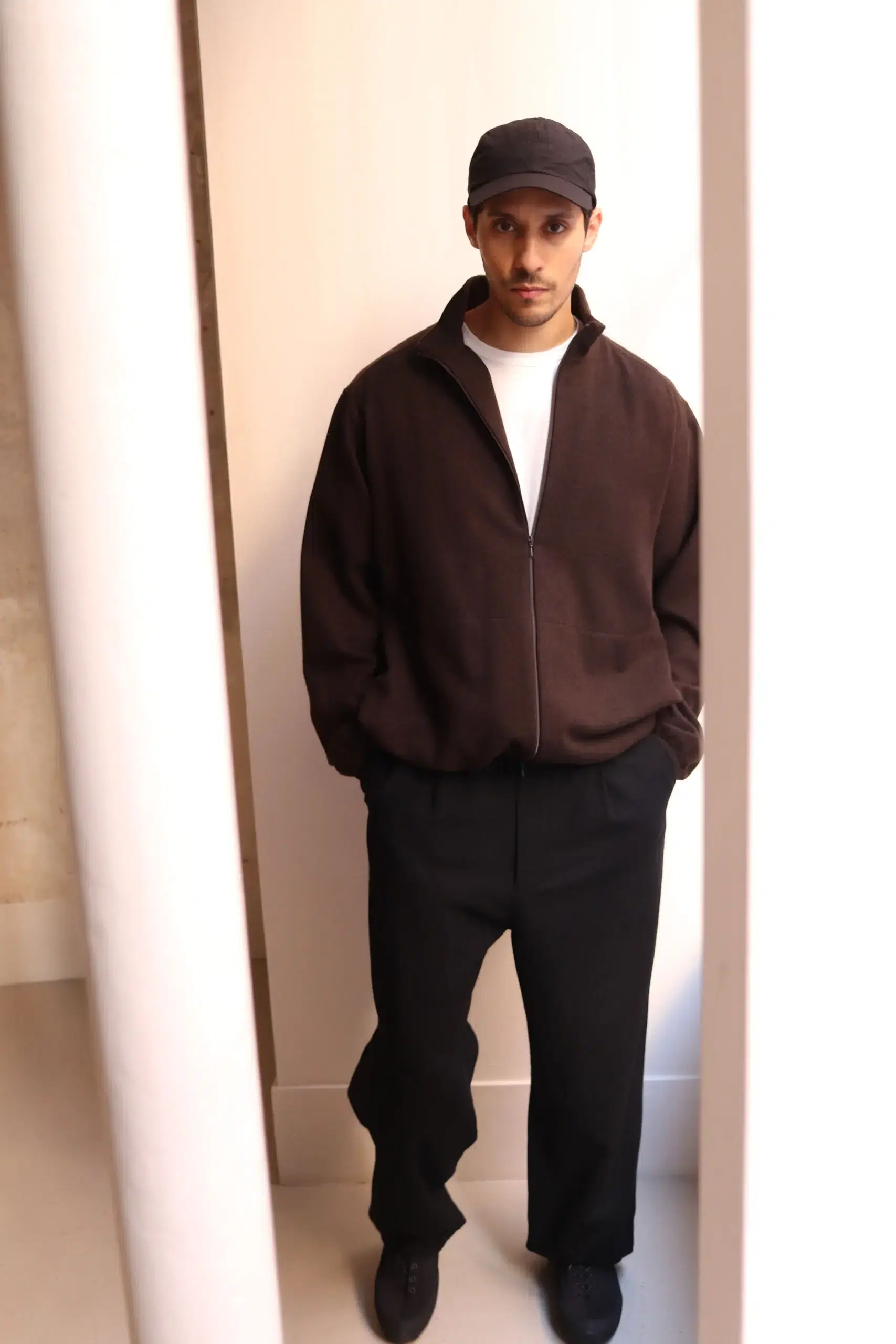 Still By Hand - Cashmere mixed high neck blouson BL04263OS - DARK BROWN