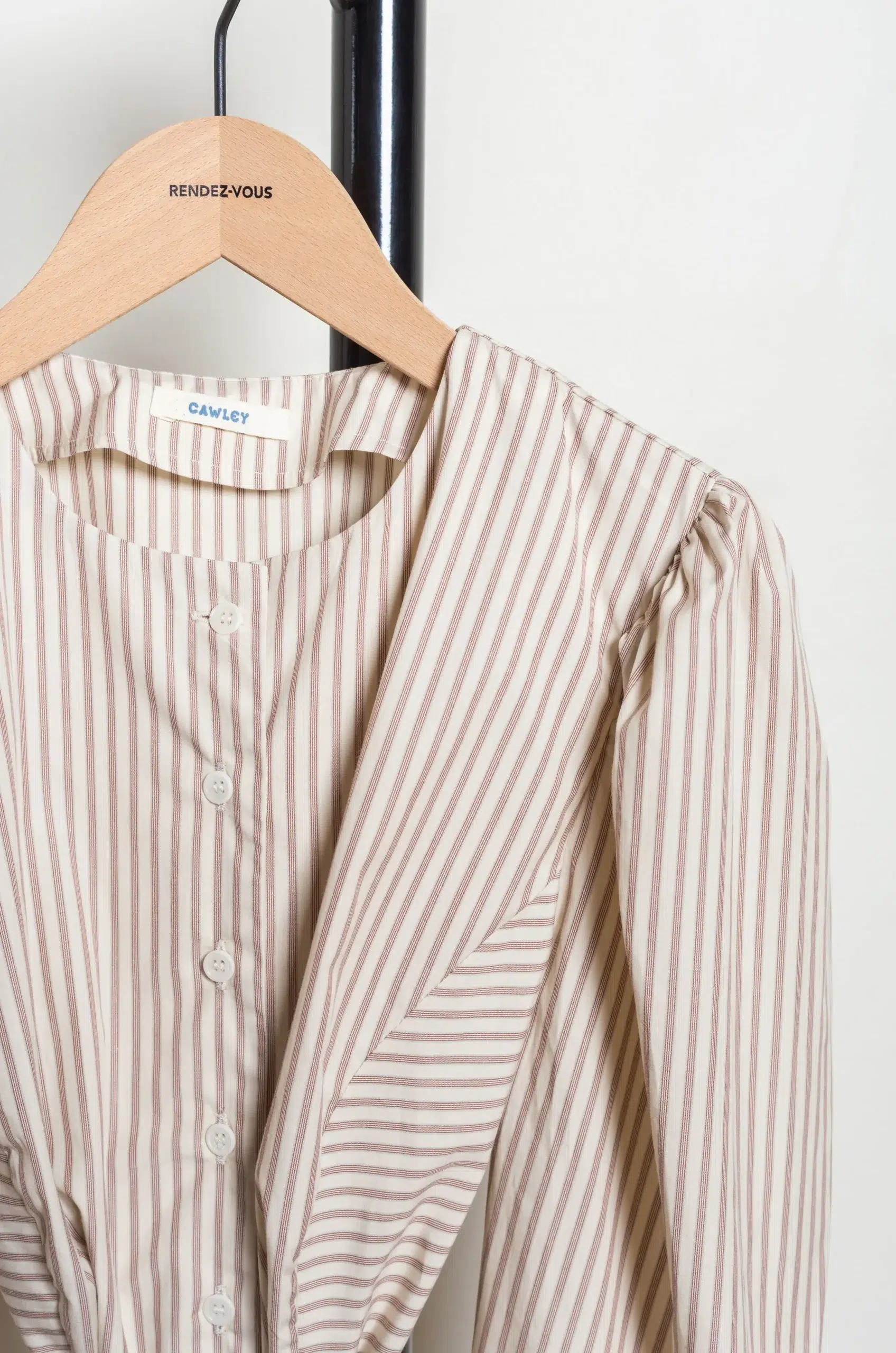 CAWLEY - JAPANESE STRIPED COTTON ELIZA PUFF SLEEVE SHIRT - NATURAL/TERRACOTTA STRIPE
