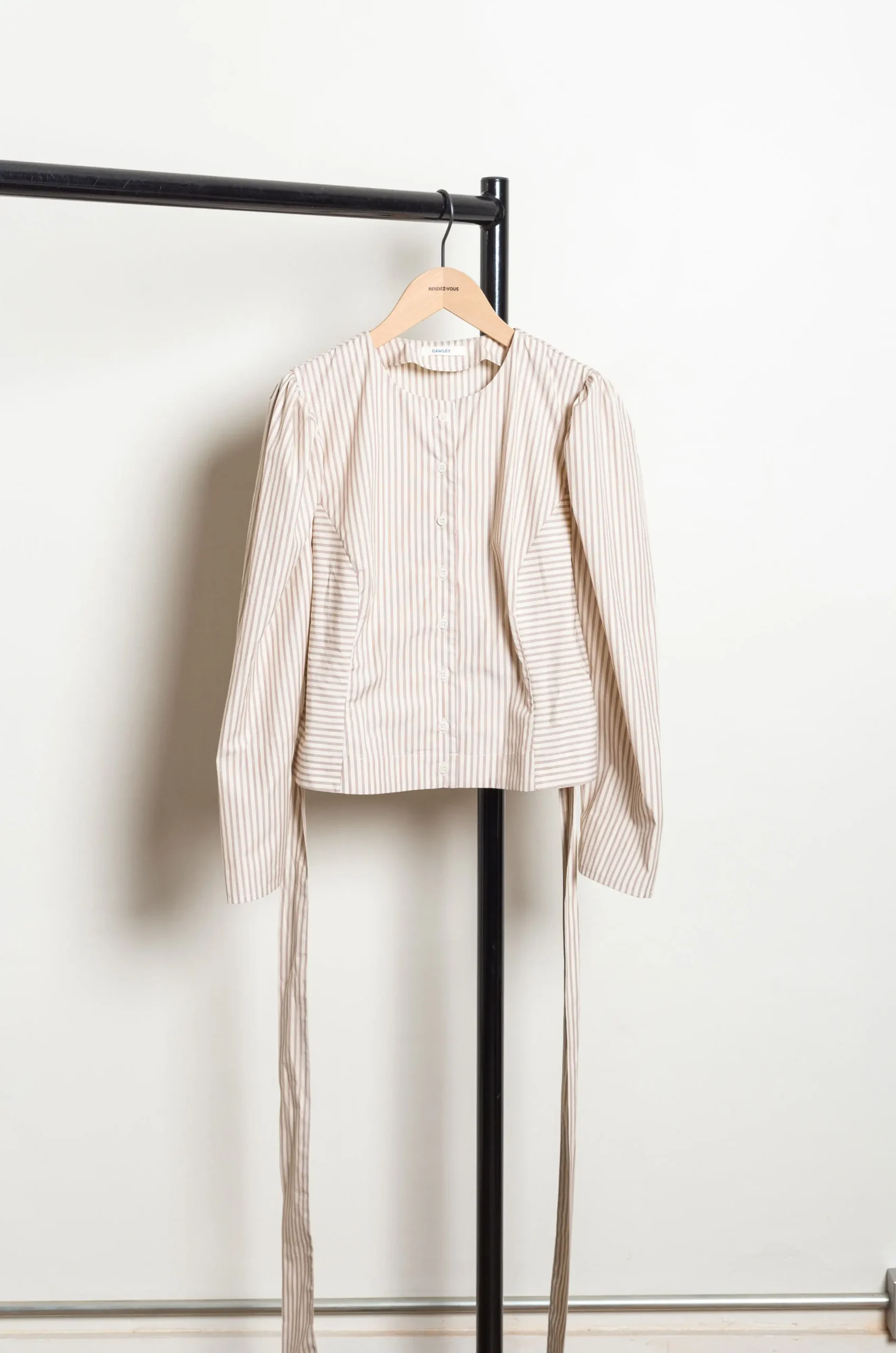 CAWLEY - JAPANESE STRIPED COTTON ELIZA PUFF SLEEVE SHIRT - NATURAL/TERRACOTTA STRIPE