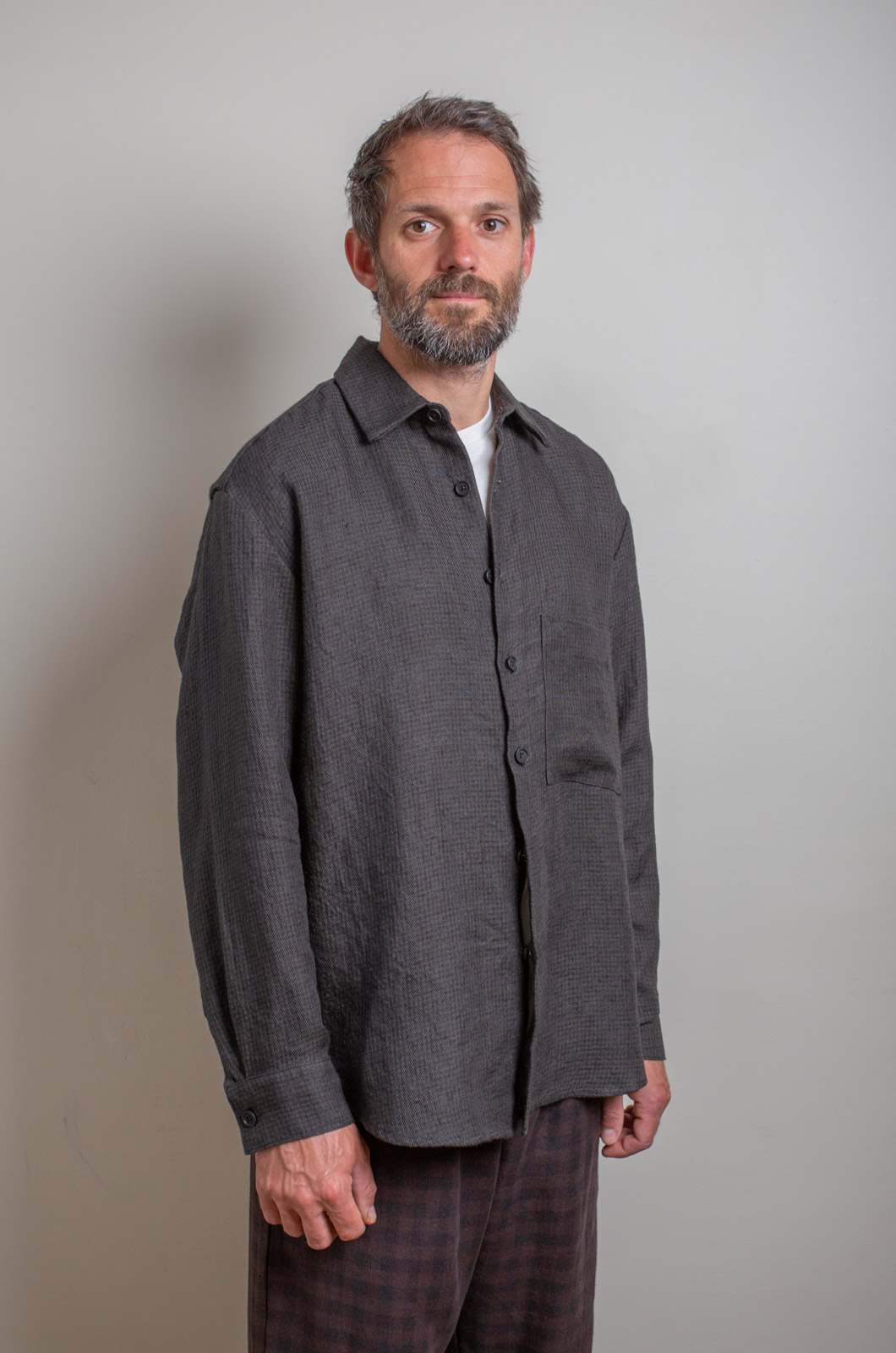 Evan Kinori - Big Shirt Two-Yarn Dyed Linen - Houndstooth-Navy/Grey -  RENDEZ-VOUS STORE