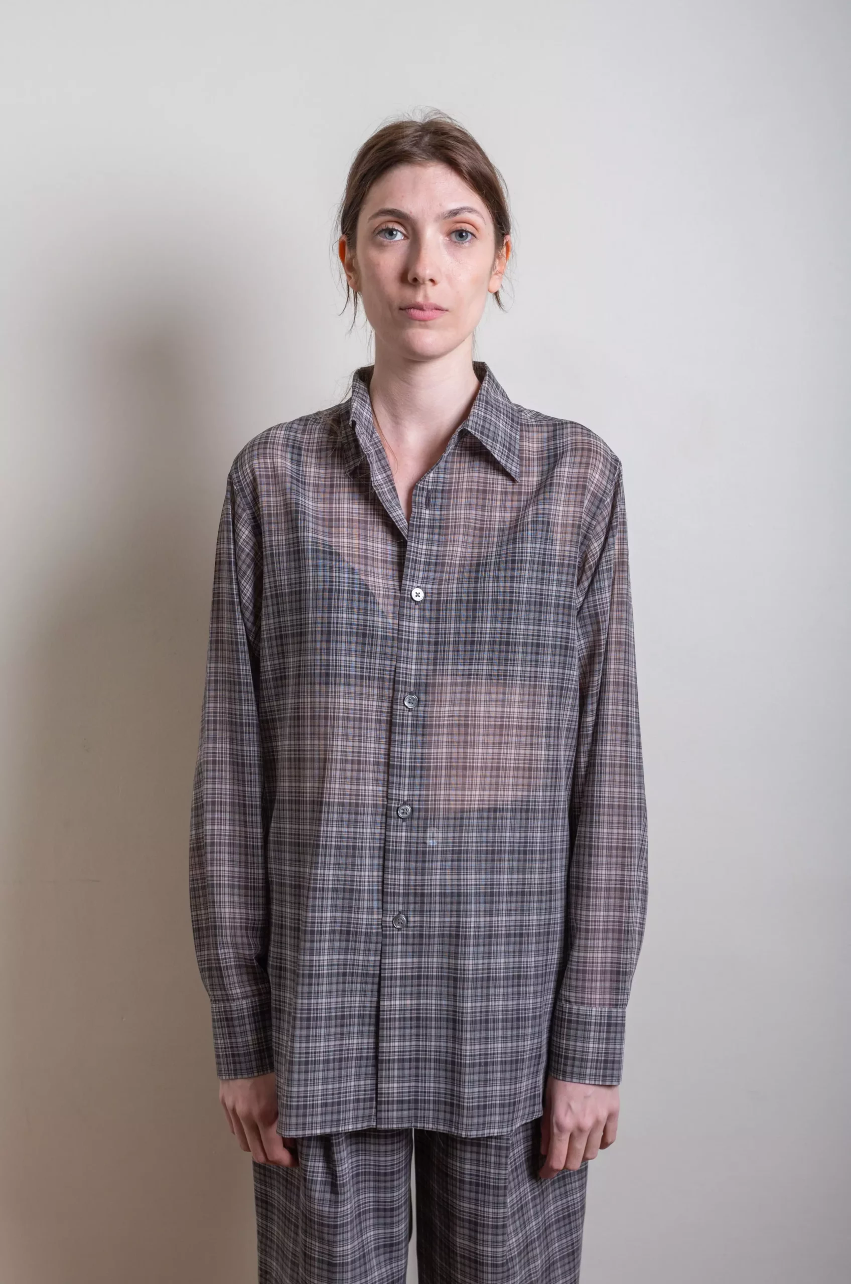 Auralee - Wool Recycle Polyester Sheer Check Shirts - Black Check