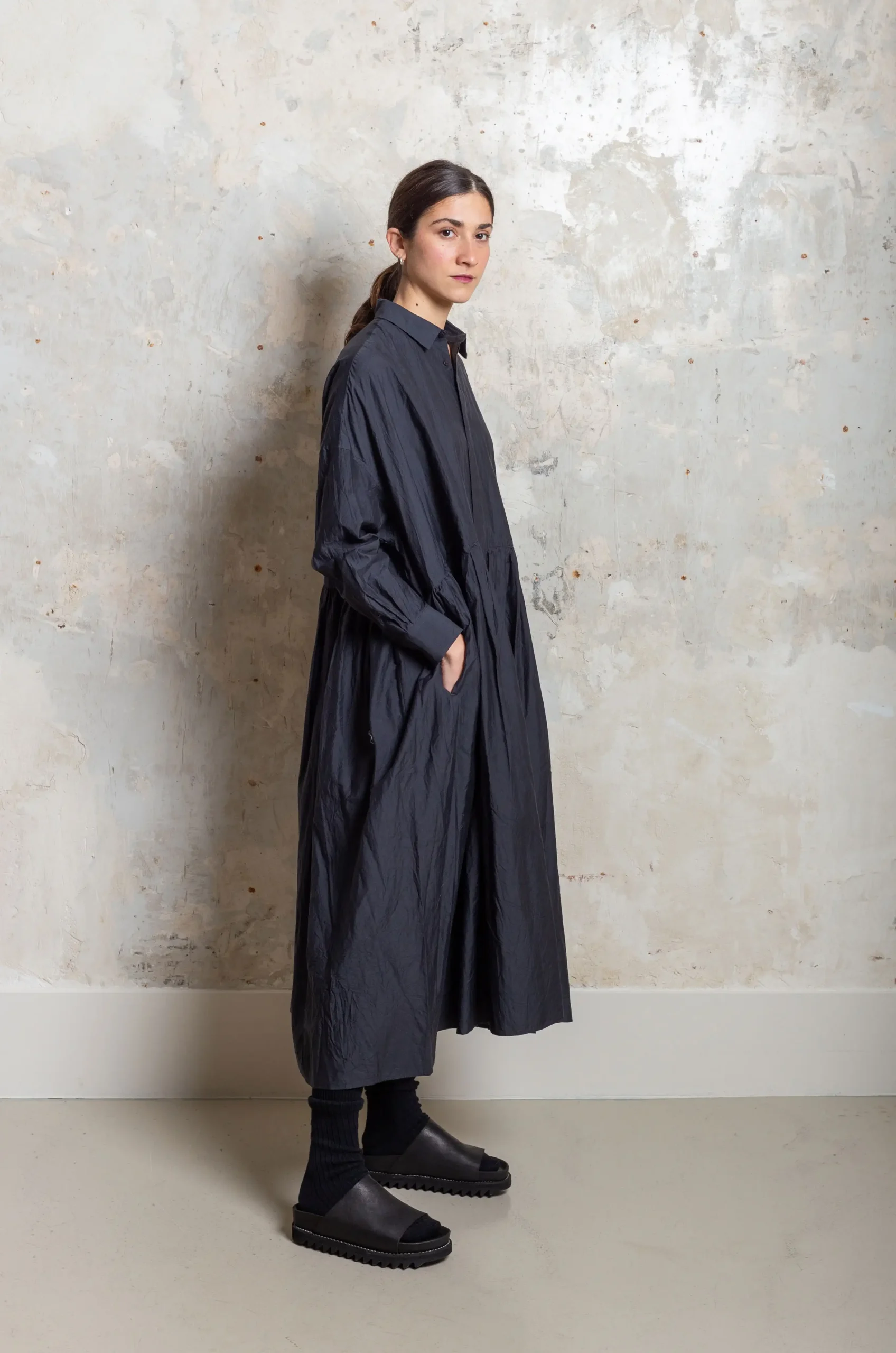 Toujours - Random Pleated Baggy Shirt Dress TM39UD04 - Ink Navy